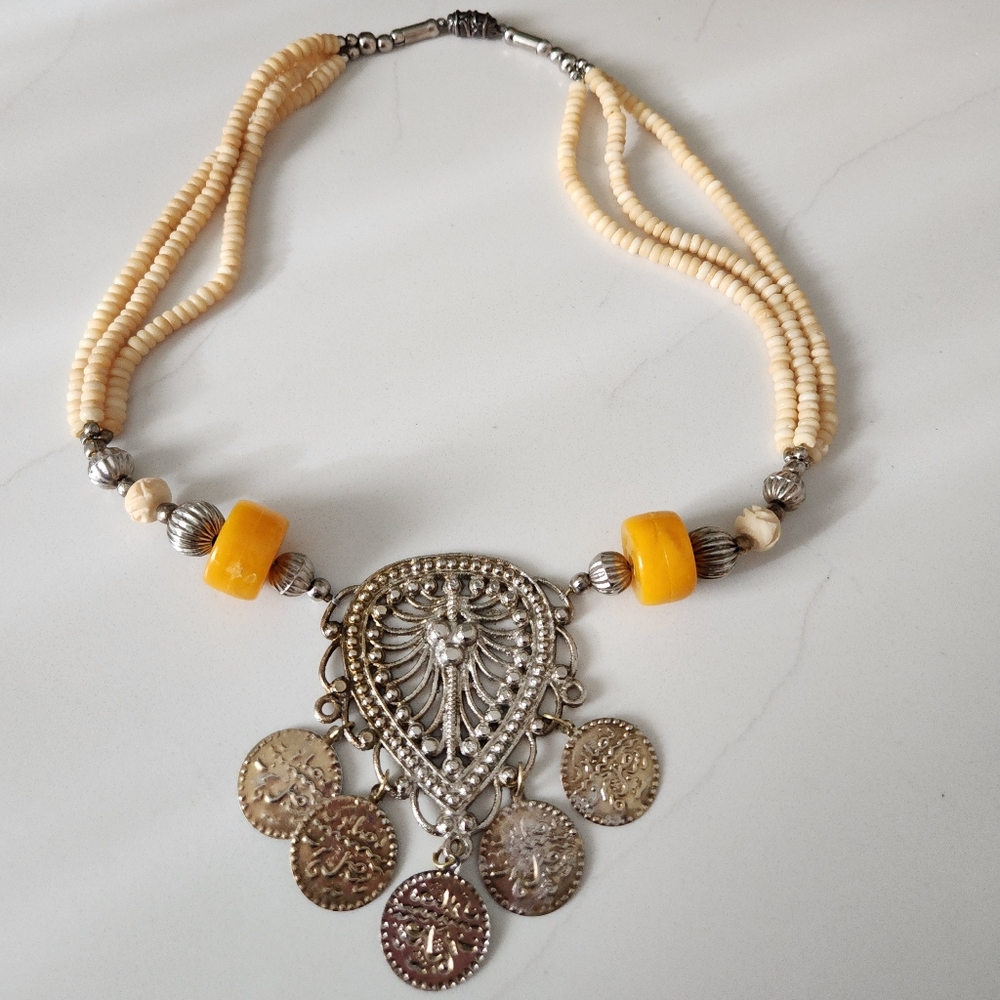 Vintage Tribal Coin Necklace -Dual Tone Metals and Stunning Pendant